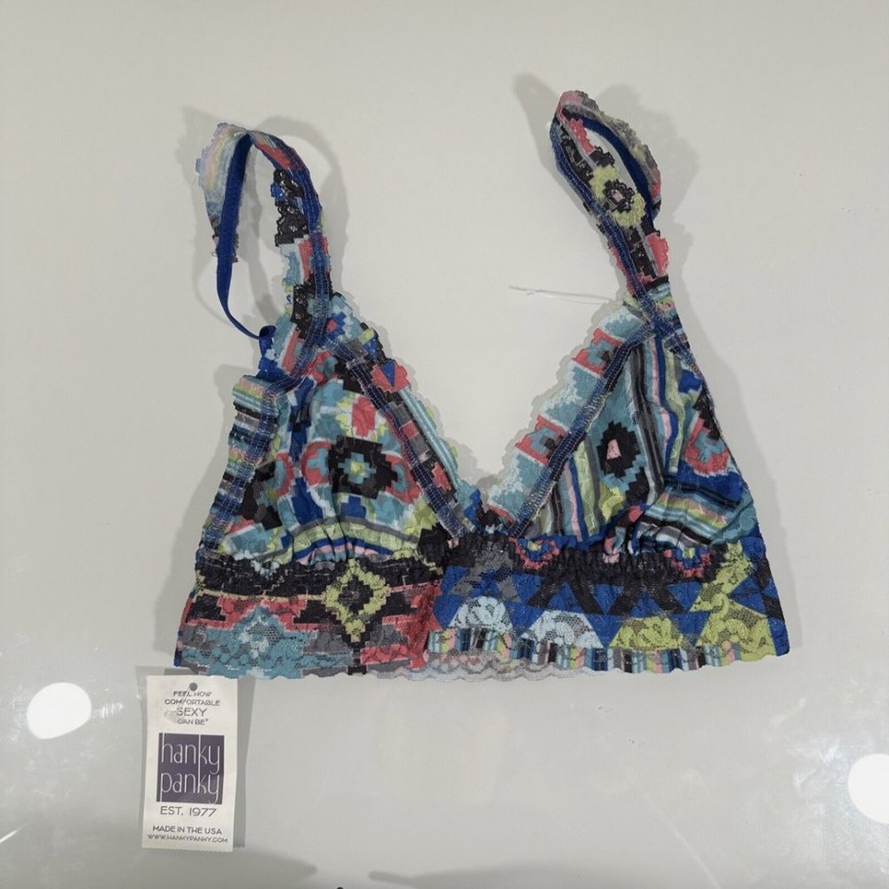NWT Hanky Panky [ XS‎ ] 8-Bit Aztec Crossover Lace Bralette in Blue Multi #5921